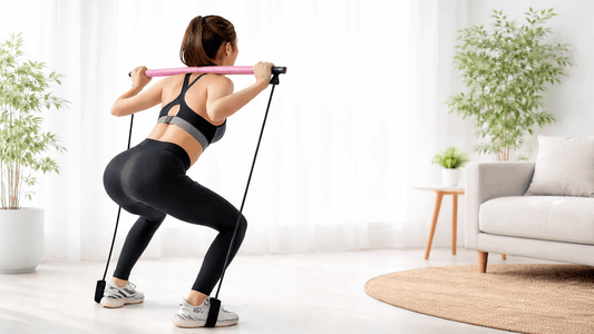 Vrouw in sportkleding doet squats met een pilatesbar en weerstandsbanden in de woonkamer.