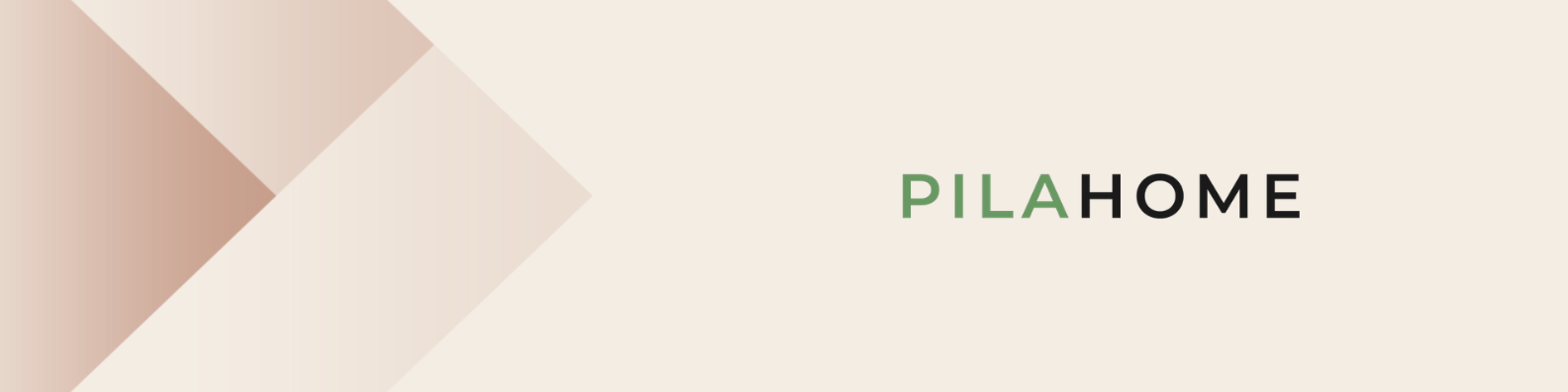 Minimalistische PilaHome banner met logo en geometrische roze vormen.