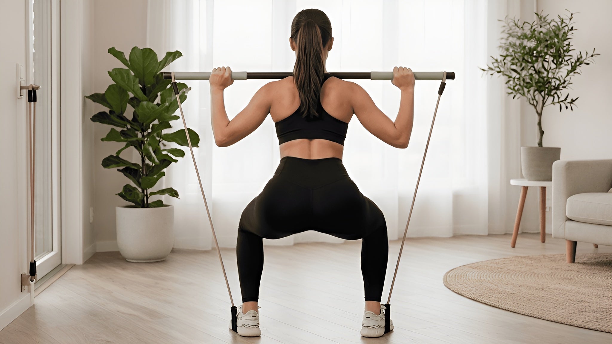 Vrouw in sportkleding voert een squat uit met de PilaHome Pilates Bar Set thuis